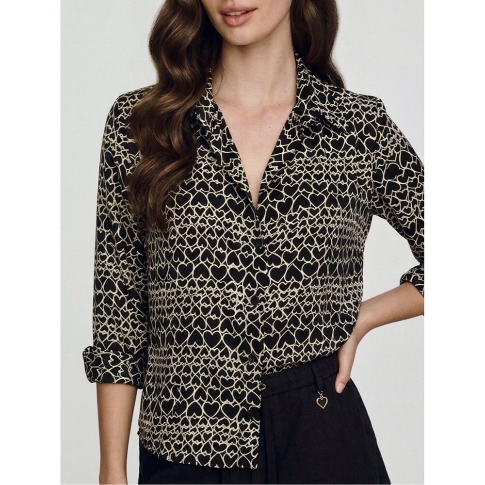 VTG LABEL New York 100% Silk Heart Print Button Shirt Womens Size 8 Long Sleeve